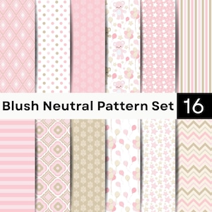 Puede incluir: Una colección de 16 papeles digitales con patrones en rosa empolvado y beige neutro, incluyendo rombos, lunares, ositos con globos, estrellas, rayas, cuatrifolios, damasco y chevrones, etiquetado como Blush Neutral Pattern Set.