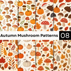 May include: A collection of eight seamless patterns featuring autumn-themed illustrations of mushrooms, orange pumpkins, brown coffee cups, stacked books, acorns, and various fall leaves in shades of orange, brown, and red on a cream background.