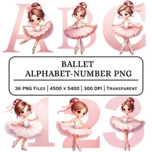 May include: Digital art featuring ballet dancers in pink tutus, integrated with the letters A, B, and C, and the numbers 1, 2, and 3. The image includes the text "BALLET ALPHABET-NUMBER PNG" with file details.
