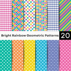 Puede incluir: Una colección de 20 patrones geométricos arcoíris brillantes que presentan varios diseños, incluyendo bordes festoneados, corazones coloridos, cuadrados pequeños, rayas diagonales, lunares blancos, motivos florales y líneas horizontales con puntos sobre un fondo vibrante.
