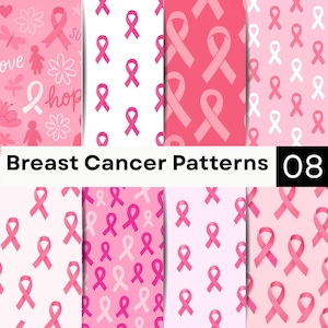 May include: A collection of eight digital patterns featuring pink breast cancer awareness ribbons in various shades of pink and white, with some designs including flowers, butterflies, and the word hope, labeled Breast Cancer Patterns 08.