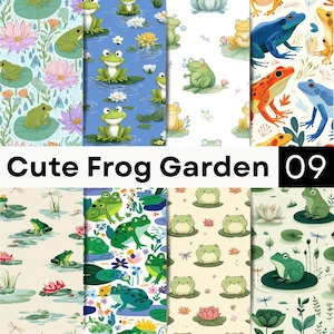 Op de afbeelding: Een digitale patrooncollectie getiteld Cute Frog Garden 09, met acht verschillende ontwerpen van groene kikkers, waterlelies, lotusbloemen en waterplanten in diverse artistieke stijlen, kleuren en composities op lichte en blauwe achtergronden.