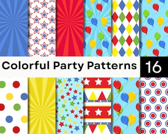 Padrões coloridos para festa | Papel digital com balões e estrelas | Pacote de fundos sem emenda para aniversário