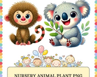 Jungle Animal PNG Bundle | Safari Cactus Tropical Plants | Nursery Sublimation Clipart Graphics Design Pack