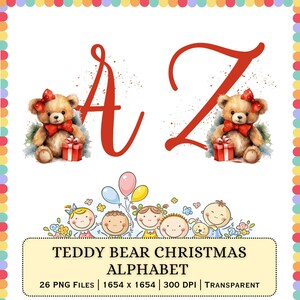 Teddy Bear Christmas Alphabet PNG | Red Script Letters | Holiday ABC Design Bundle