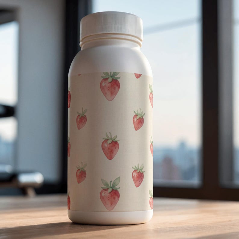 May include: A white plastic bottle featuring a repeating pattern of watercolor-style red strawberries with green leaves on a cream-colored background. The bottle has a smooth, cylindrical body and a matching white screw-top cap.