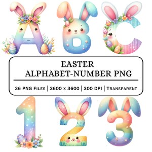 Pode incluir: Ilustrações em aquarela de letras e números com tema de Páscoa, cada um projetado como um coelhinho. As letras A, B e C, e os números 1, 2 e 3 são mostrados em cores pastel. A imagem inclui o texto "EASTER ALPHABET-NUMBER PNG".
