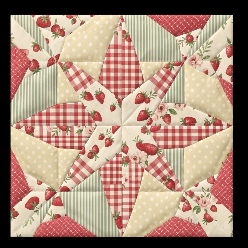 May include: A square quilt block featuring a central star pattern composed of fabric patches in red gingham, cream with white polka dots, sage green stripes, and a cream floral print with red strawberries and small pink roses throughout.