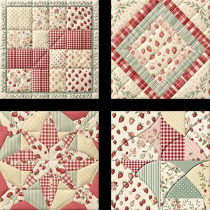 May include: A set of four square quilted fabric blocks featuring a coordinated pattern of red strawberries, pink floral prints, red and white gingham checks, and green striped motifs. Each block displays intricate stitching and varied geometric layouts.