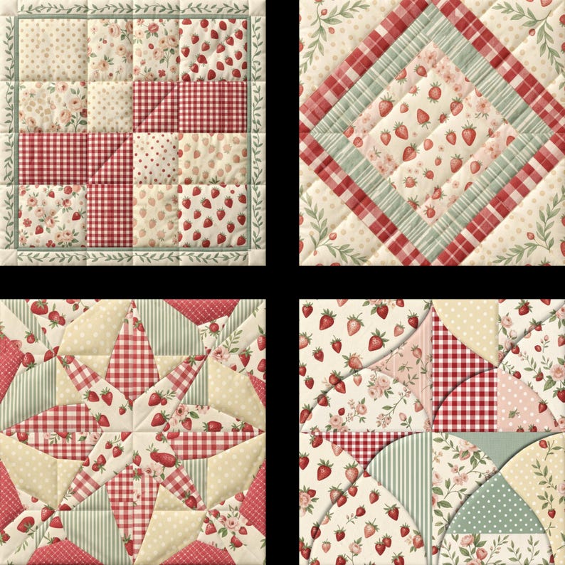 May include: A set of four square quilted fabric blocks featuring a coordinated pattern of red strawberries, pink floral prints, red and white gingham checks, and green striped motifs. Each block displays intricate stitching and varied geometric layouts.