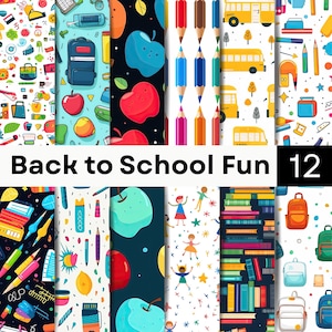 Può includere: Un collage digitale di dodici motivi distinti con illustrazioni a tema scolastico che includono zaini, scuolabus gialli, matite colorate, pile di libri, mele e bambini. Il testo Back to School Fun 12 è centrato.