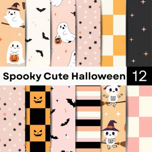 May include: A collection of 12 digital patterns featuring Halloween themes with ghosts, skeletons, bats, stars, and pumpkins in pink, orange, black, and white. The text Spooky Cute Halloween 12 is displayed across the center of the image.