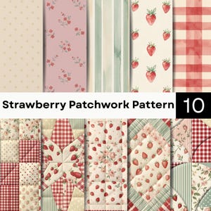Jordgubbslapptäckemönsterpaket | Cottagecore digitalt papper | Sömlös quilt PNG-samling