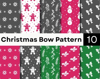 Christmas Bow Pattern Bundle | Holiday Digital Paper | Pink Green Seamless PNG Collection