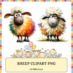 May include: Two cartoon sheep illustrations with colorful wool. One sheep has rainbow-colored wool, the other has orange and purple wool. Below, a banner reads "SHEEP CLIPART PNG" and "13 PNG FILES".