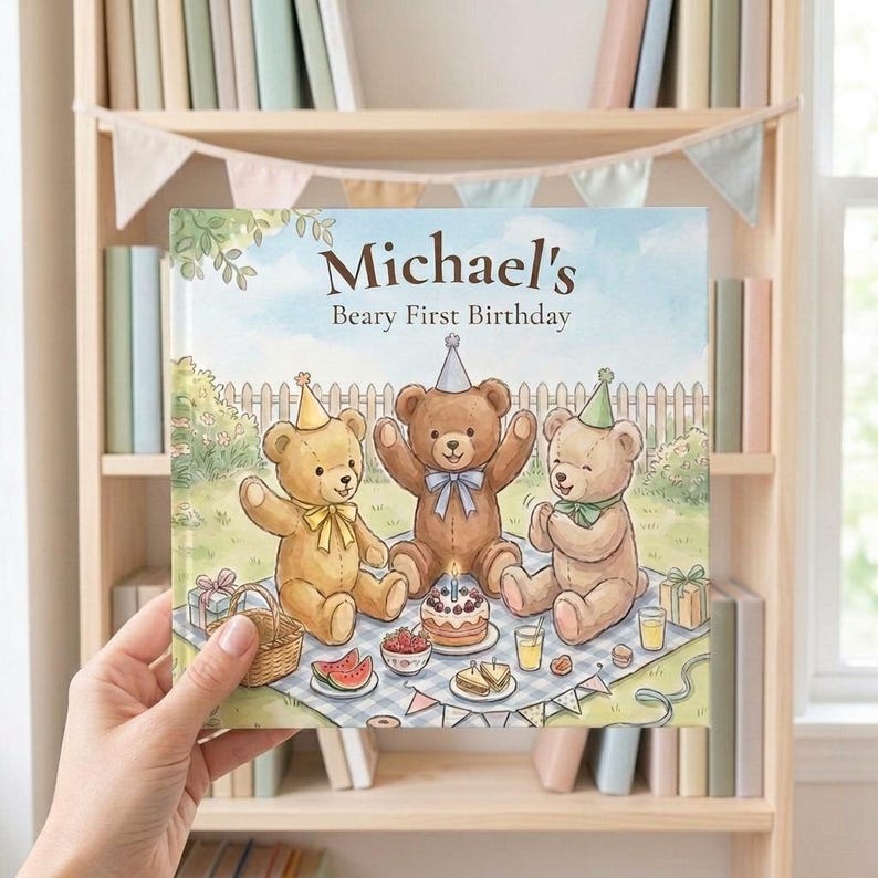 May include: A square hardcover book titled Michael's Beary First Birthday featuring a watercolor illustration of three teddy bears wearing party hats on a picnic blanket with a birthday cake, gifts, and snacks in a garden setting.