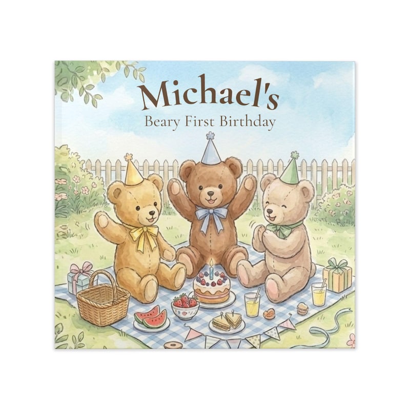 May include: A square illustration featuring three teddy bears wearing party hats on a blue checkered picnic blanket. The text reads Michael's Beary First Birthday. The scene includes a birthday cake, watermelon slices, a basket, and gifts.