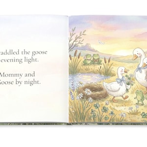 May include: A children's book illustration depicts a family of geese and other animals in a meadow at sunset. The text reads, "Home waddled the goose through evening light. Back to Mommy and Daddy Goose by night."