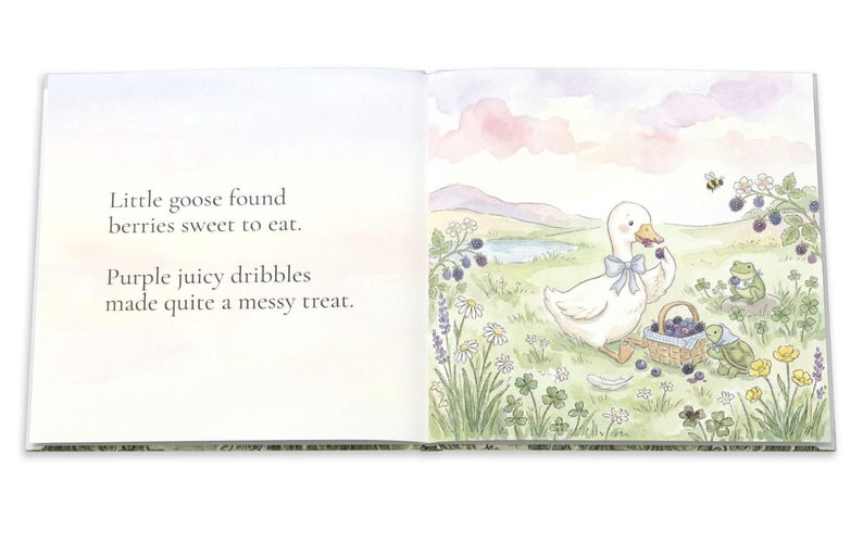 May include: A children's book illustration featuring a white goose with a blue bow, eating berries. A frog and turtle are also present. The text reads, "Little goose found berries sweet to eat. Purple juicy dribbles made quite a messy treat."