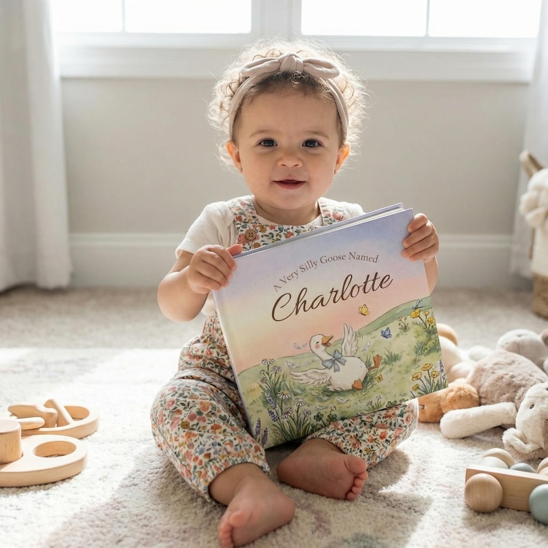 May include: A child holding a book titled "A Very Silly Goose Named Charlotte." The book cover features an illustration of a goose in a field. The child is wearing a floral print outfit and a beige headband.