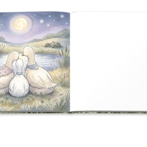 May include: A children's book illustration featuring three white ducks. Two adult ducks flank a smaller duck, all facing a pond under a full moon. The ducks wear patterned neck scarves. The scene is set in a field with flowers.