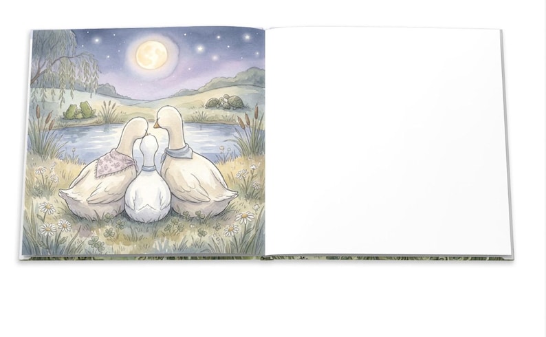 May include: A children's book illustration featuring three white ducks. Two adult ducks flank a smaller duck, all facing a pond under a full moon. The ducks wear patterned neck scarves. The scene is set in a field with flowers.
