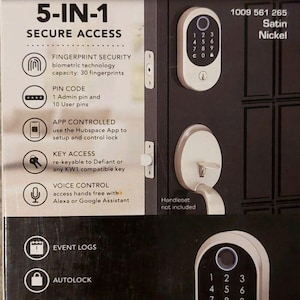 May include: A silver smart fingerprint deadbolt lock with a keypad and a fingerprint scanner. The lock is labelled "Defiant" and "5-in-1 Secure Access". The lock has features such as fingerprint security, pin code, app controlled, key access, voice control, event logs, autolock, and control from any location. The lock is powered by Hubspace. The lock is 1009 561 265 Satin Nickel.