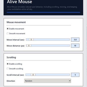 May include: Screenshot of the Alive Mouse software interface. The software simulates natural user behavior. The interface includes options for mouse movement and scrolling, with adjustable intervals and distances. The "Start" button is visible.