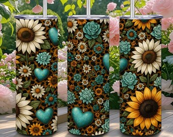 ColorFlow / Bicchiere termico con girasoli, turchese e rosa / Acciaio inossidabile da 590 ml / Tazza da viaggio con cuore floreale in stile boho / Tazza isolata con cannuccia