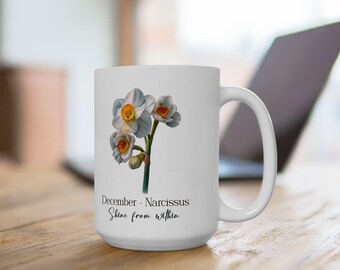 Taza floral de narcisos de diciembre / Taza de café de cerámica de 444 ml / Vajilla con diseño de naturaleza invernal
