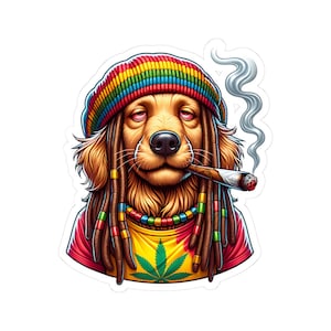 May include: A sticker depicting a cartoon dog with dreadlocks, a rainbow beanie, and a marijuana leaf shirt. The dog is smoking a lit joint, with smoke rising. The sticker has a white border.