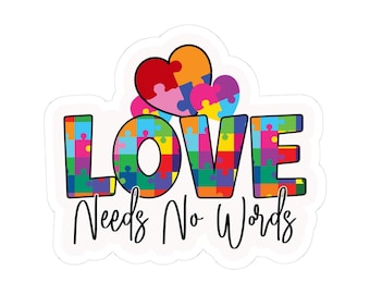 Adesivo in vinile ColorFlow / Love Needs No Words / Design del messaggio di accettazione dell'autismo a forma di cuore puzzle
