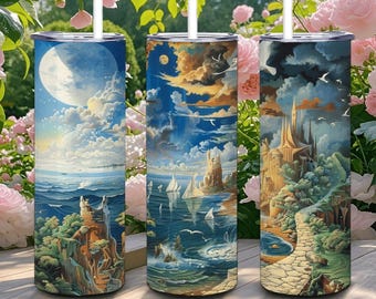 ColorFlow / Bicchiere in acciaio inossidabile da 20 once con cannuccia Ocean Dreamscape / Tazza termica con motivo Fantasy Seascape Art