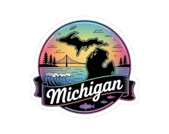 Adesivo in vinile con tramonto sui laghi del Michigan / Decalcomania artistica da viaggio con panorama del ponte di Mackinac