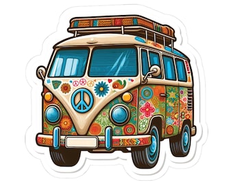 Adesivo ColorFlow per furgone hippie / Adesivo retrò per autobus con simbolo della pace floreale e groovy