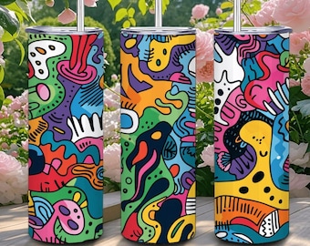 ColorFlow / Bicchiere con creature giocose e vibranti / Bicchiere in acciaio inossidabile da 20 once con cannuccia / Tazza con arte astratta colorata