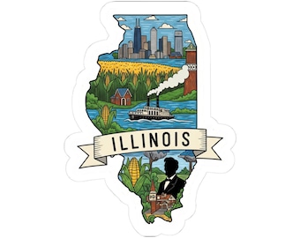 Adesivo in vinile con la sagoma dello Stato dell'Illinois / Skyline di Chicago, campi di mais, battello fluviale (impermeabile)