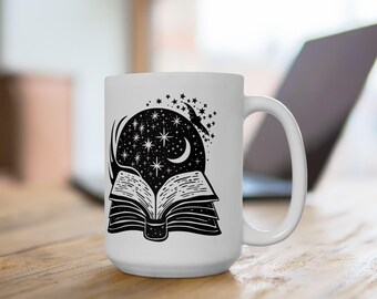 Celestial Spellbook Mug | Cosmic Moon Stars 15oz Ceramic Coffee Cup