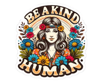 Retro Hippie Flower Power Sticker | Be A Kind Human Peace Decal (Vinyl)