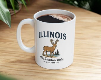 ColorFlow / Taza del estado de Illinois, la pradera / Taza de café con diseño de ciervo / Regalo de cerámica de 15 oz del Medio Oeste