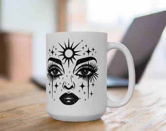 Celestial Goddess Mug | Cosmic Eyes 15oz Ceramic Coffee Cup (Witchy Astrology Art)