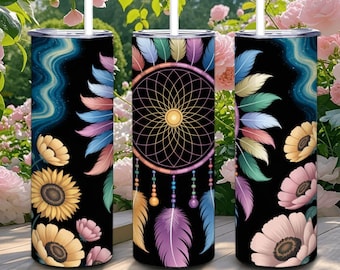 ColorFlow / Dreamcatcher Galaxy - Bicchiere in acciaio inossidabile da 20 once con cannuccia / Tazza regalo Boho Sunflower