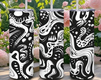 ColorFlow / Bicchiere astratto organico monocromatico / Bicchiere in acciaio inossidabile da 20 once con cannuccia / Tazza artistica moderna in bianco e nero