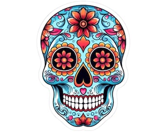 ColorFlow / Adesivo in vinile con teschio di zucchero floreale / Decalcomania con occhi a cuore del Giorno dei Morti / Adesivo impermeabile e colorato Calavera per laptop