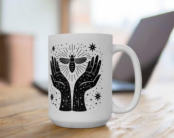 Celestial Moth Hands Ceramic Mug | Cosmic Spiritual Coffee Cup (15 oz)