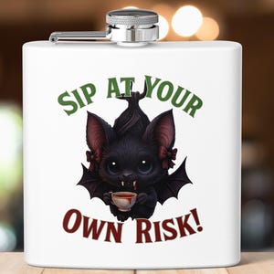 Whimsical Bat Flask, Halloween Party Drinkware, Unique Stainless Steel 6oz Gift, Sip at Your Own Risk, Outdoors Alcohol Container, Fun Flask