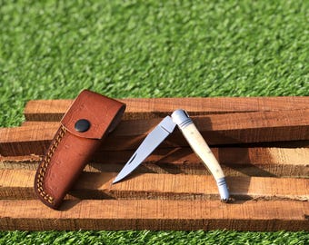 Laguiole Folding Knife: Polished Stainless Steel, Bone Handle, Leather Sheath