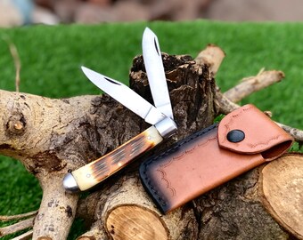 Trapper folding knife handmade double blade stainless steel blade with leather sheath