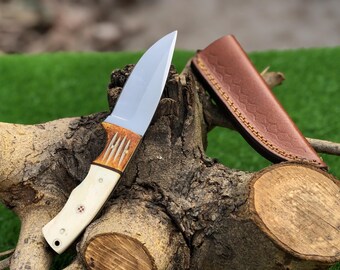 Bowie hunting Knife handmade stainless Steel blade nature handle material with Leather Sheath