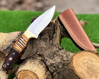 Bowie Knife stainless steel blade rose Wood & natural Handle material with pure Leather Sheath